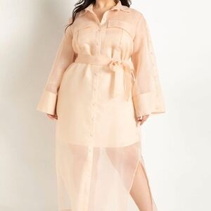 Eloquii Sheer Belted Shirt Dress in Soft Peach